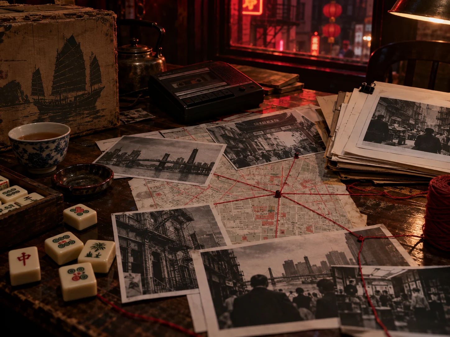 Arsip investigasi Chinatown dengan peta, mahjong, dan perekam kaset